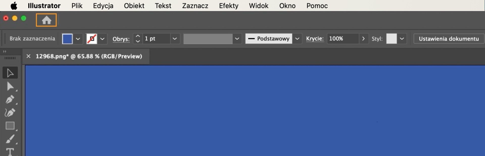 Obszar roboczy programu Adobe Illustrator wyświetla ekran główny z podświetloną ikoną ekranu głównego w lewym górnym rogu, zapewniającą szybki dostęp do ostatnich plików, samouczków i opcji nowego projektu.