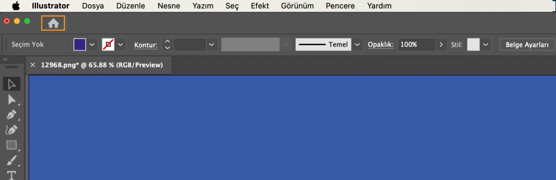 Son dosyalara, eğitimlere ve yeni proje seçeneklerine hızlı erişim için sol üst köşede vurgulanan Giriş simgesiyle birlikte Giriş ekranını görüntüleyen Adobe Illustrator çalışma alanı.