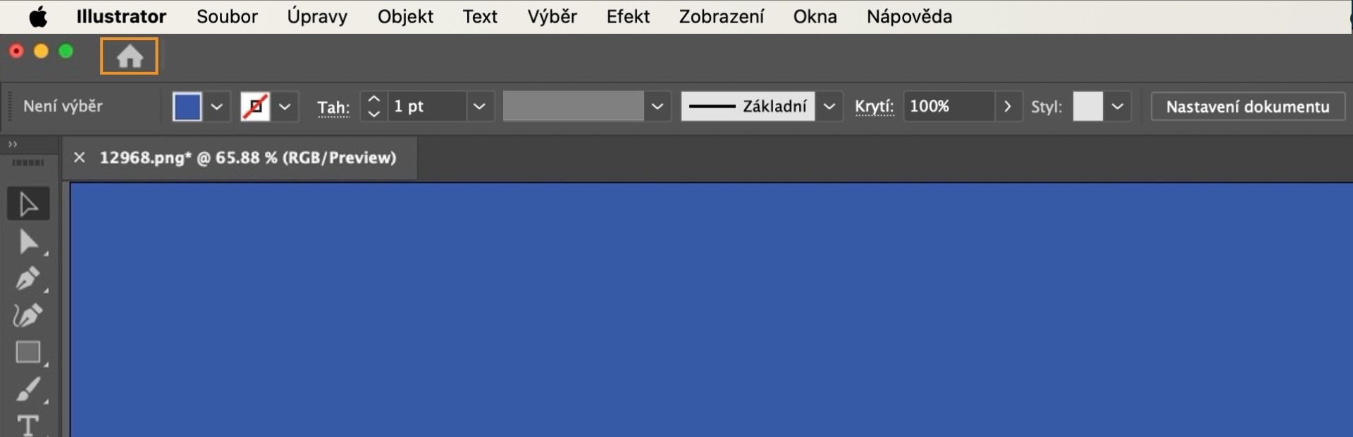 Pracovní plocha aplikace Adobe Illustrator zobrazující domovskou obrazovku se zvýrazněnou ikonou Domů v levém horním rohu pro rychlý přístup k posledním souborům, výukovým lekcím a novým možnostem projektu.