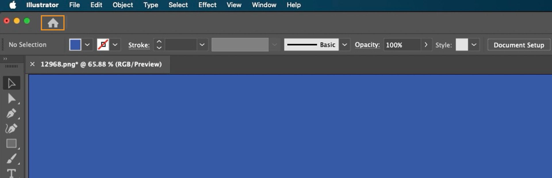 مساحة عمل Adobe Illustrator تعرض الشاشة الرئيسية، مع أيقونة الصفحة الرئيسية المميزة في الزاوية العلوية اليسرى للوصول السريع إلى الملفات الأخيرة والبرامج التعليمية وخيارات المشروع الجديدة.