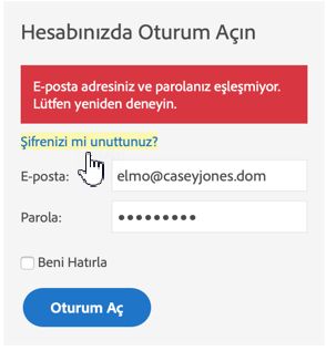 Kimlik doğrulama hata mesajı