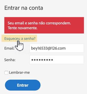 Mensagem de erro de autenticação