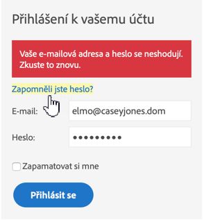 Chybová zpráva ověření uživatele
