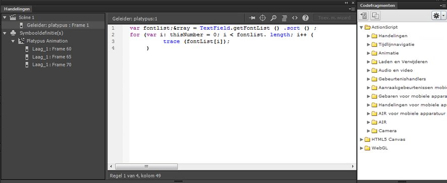 Het deelvenster Handelingen waarin een handeling stop() in een frame wordt weergegeven.