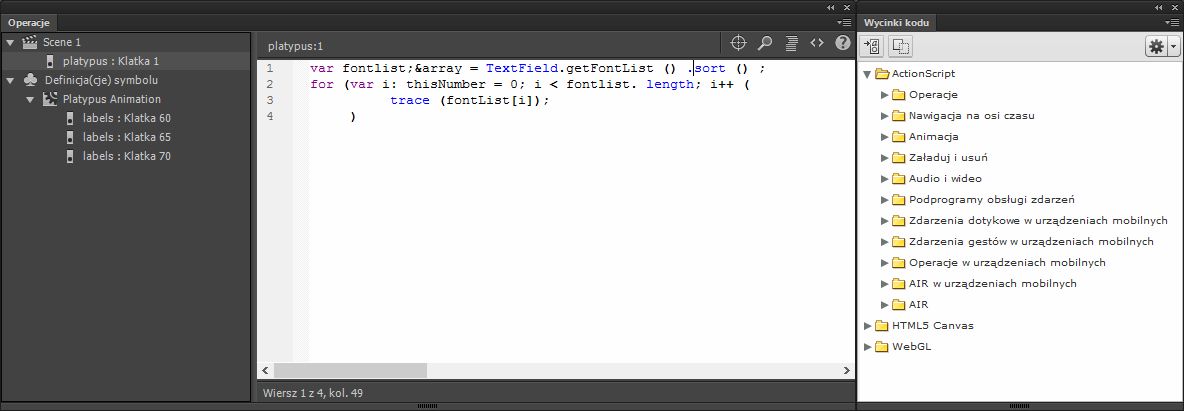 Panel Operacje pokazujący w klatce operację stop()