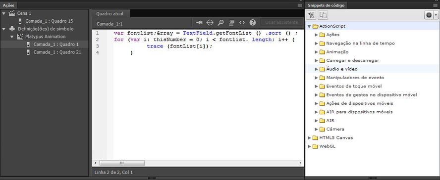 O painel Ações mostrando uma ação stop() em um quadro.