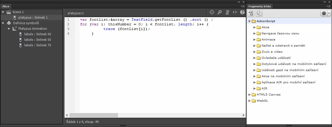 Panel Akce se zobrazenou akcí stop() ve snímku.