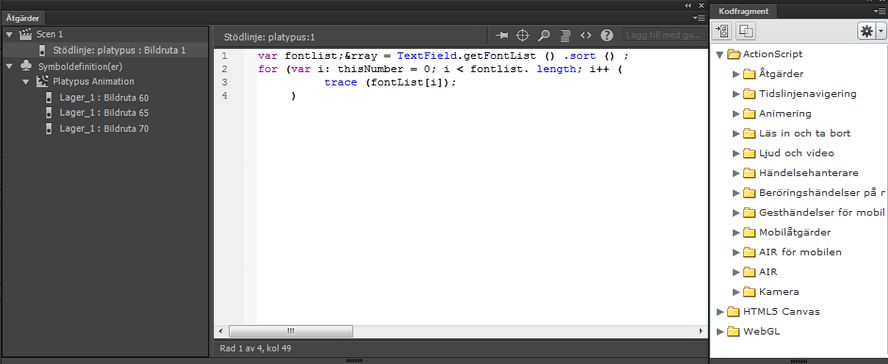 Åtgärdspanelen visar en stop()-åtgärd i en bildruta.
