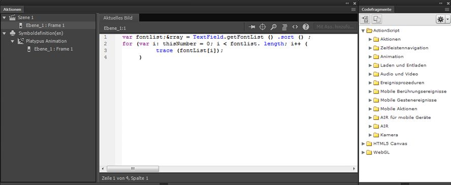Das Bedienfeld „Aktionen“ mit einer Aktion „stop()“ in einem Bild.