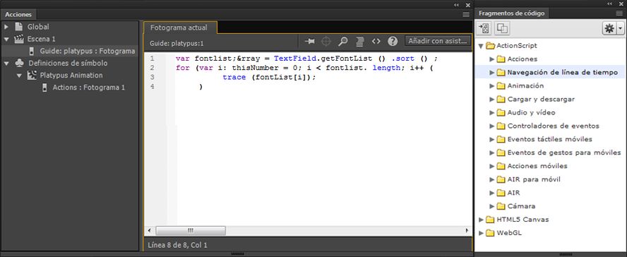 El panel Acciones muestra una acción stop() de un fotograma.