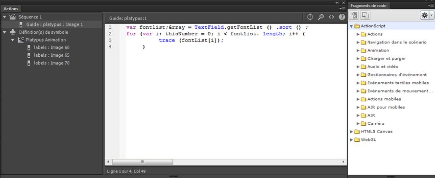 Panneau Actions montrant une action stop() dans une image.