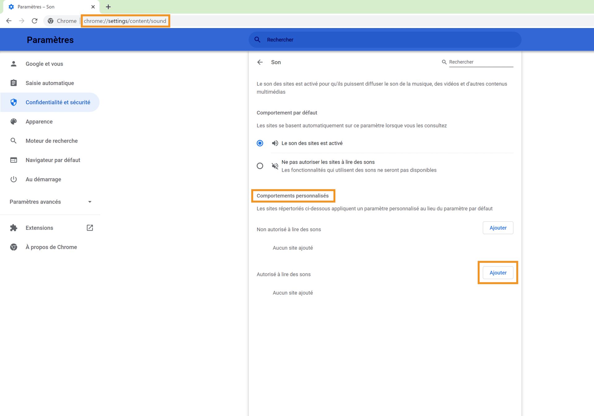 Activation du son pour les liens de prototype XD dans les paramètres de Chrome