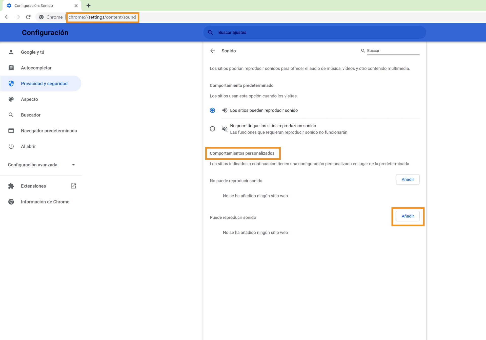 Habilitar el sonido para los vínculos al prototipo XD en la configuración de Chrome
