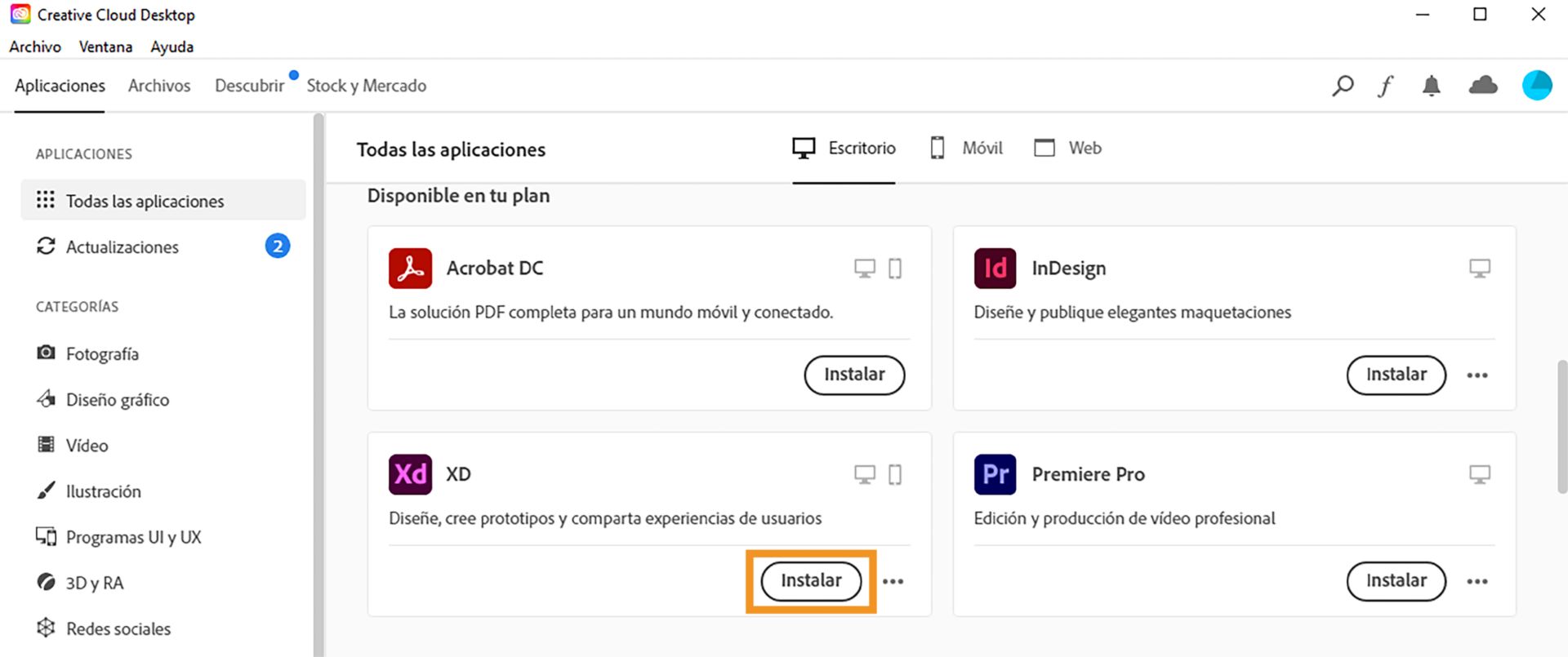 Haga clic en la opción Instalar junto a XD.