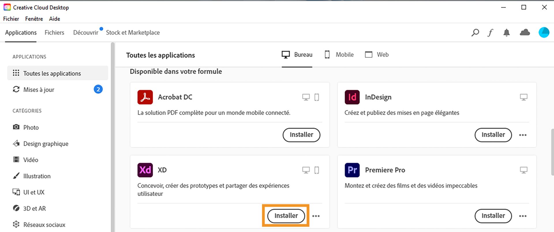 Cliquez sur Installer en regard de XD.