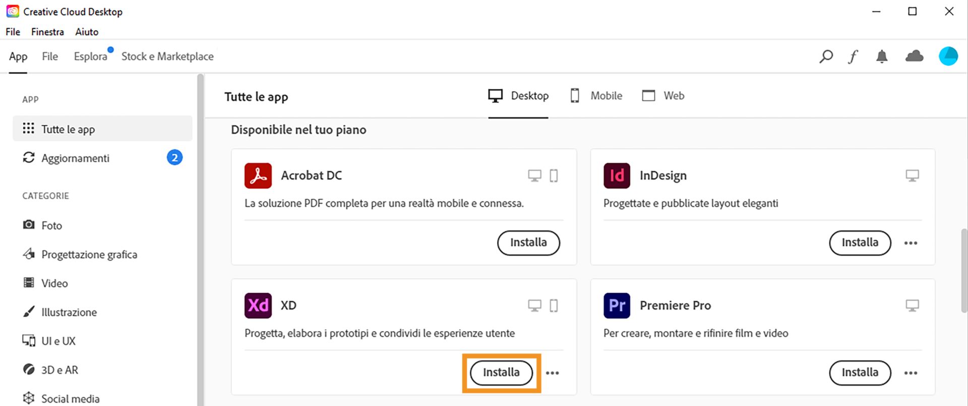 Fai clic su Installa accanto a XD.