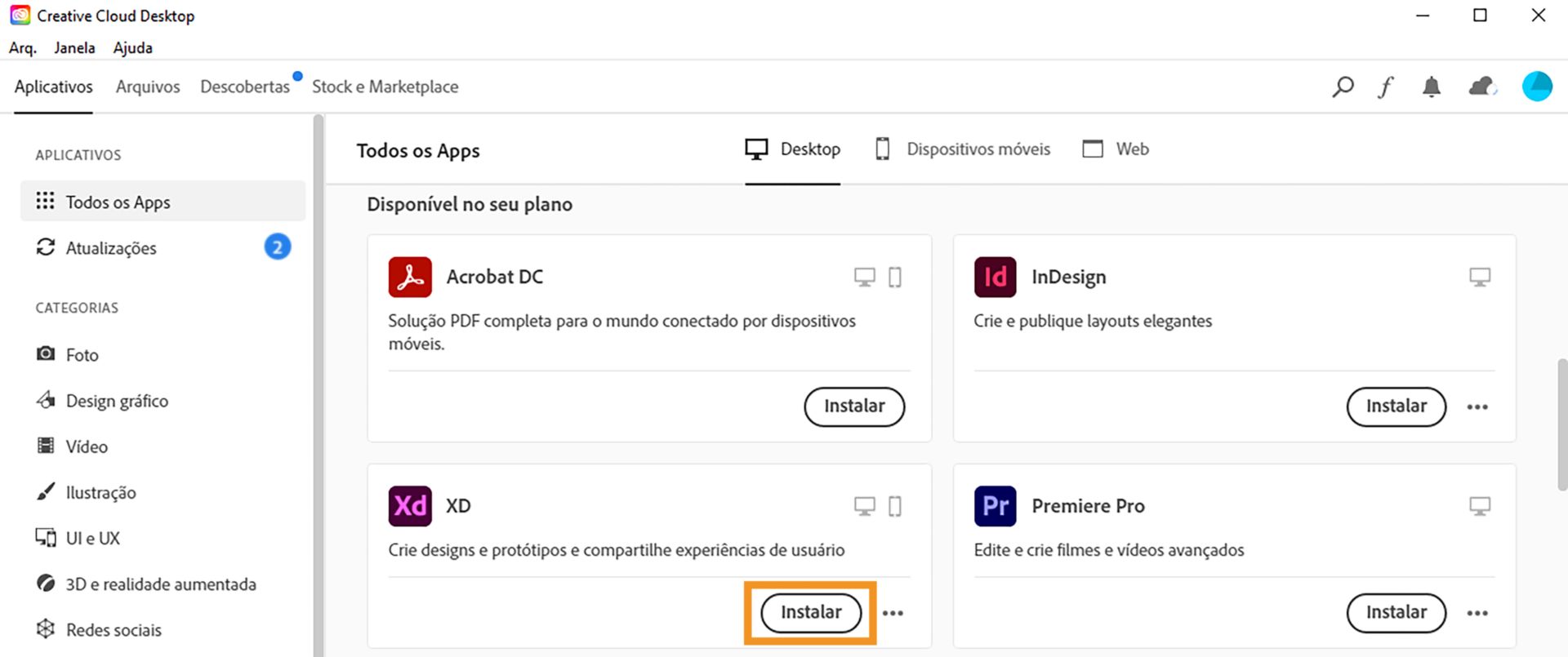 Clique em Instalar ao lado do XD.