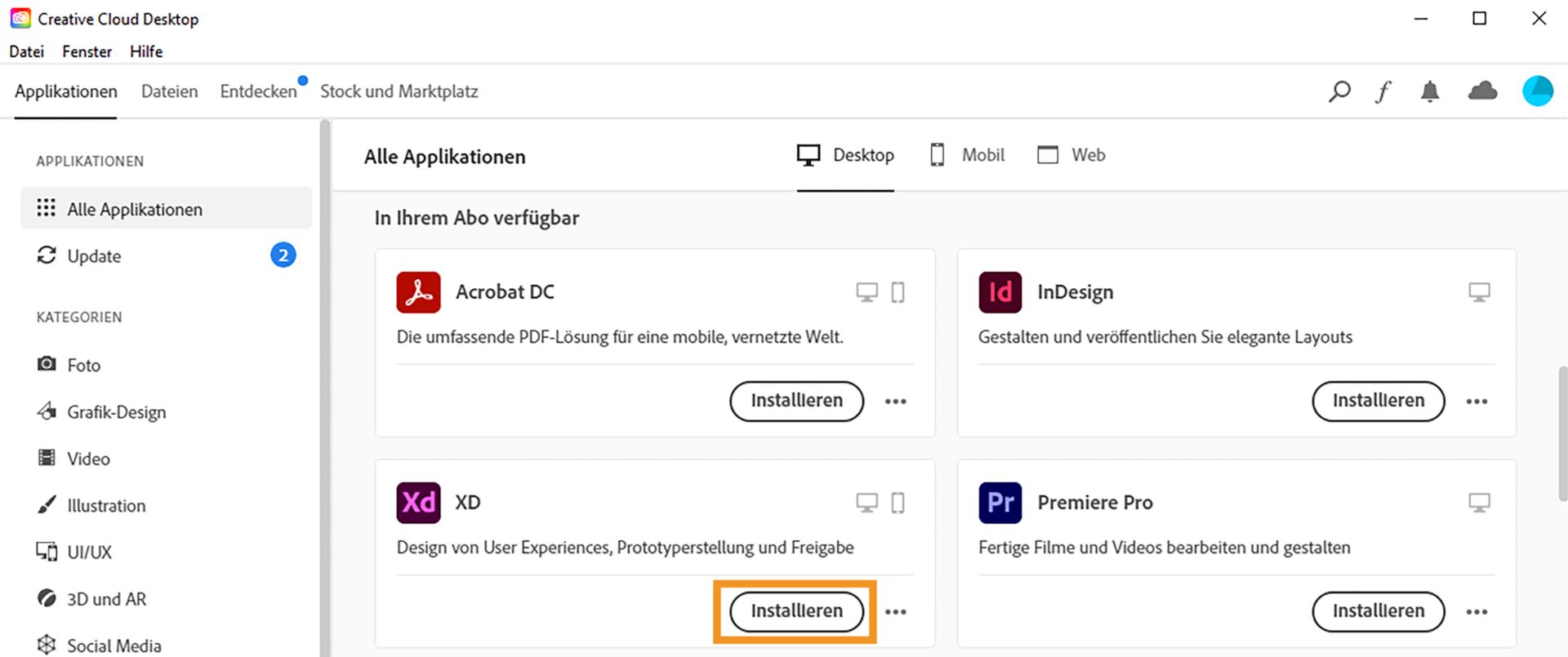 Klicken Sie neben XD auf „Installieren“.