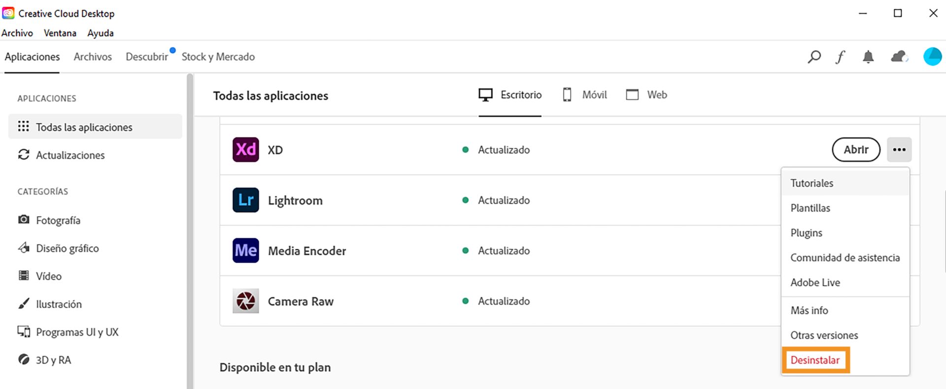Haga clic en Desinstalar junto a XD.