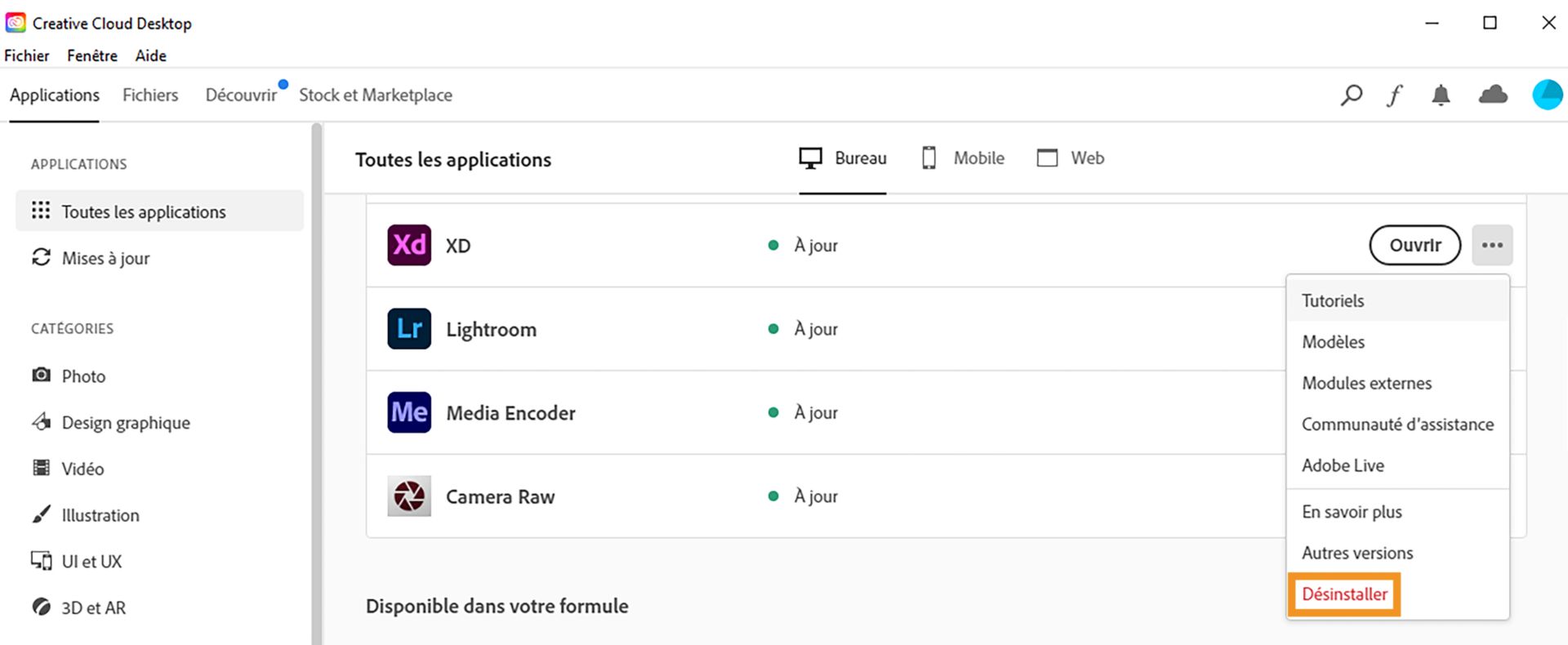 Cliquez sur Désinstaller en regard de XD.