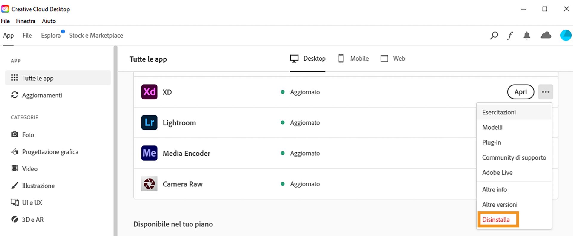 Fai clic su Disinstalla accanto a XD.