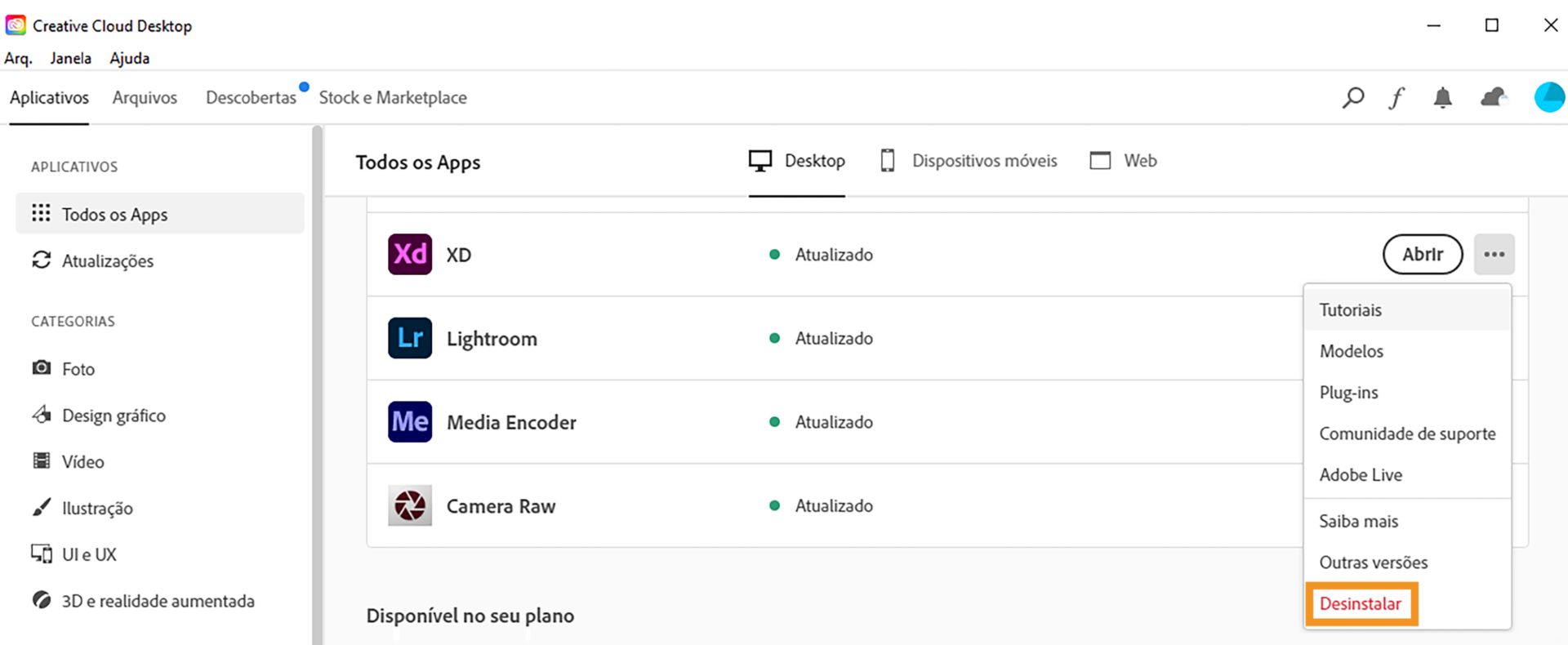 Clique em Desinstalar ao lado de XD.