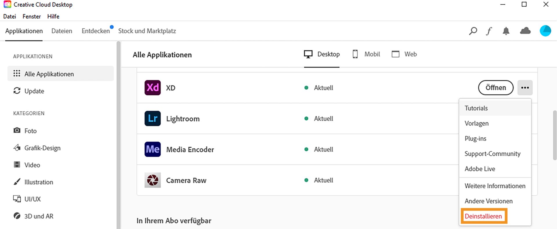 Klicken Sie neben XD auf „Deinstallieren“.