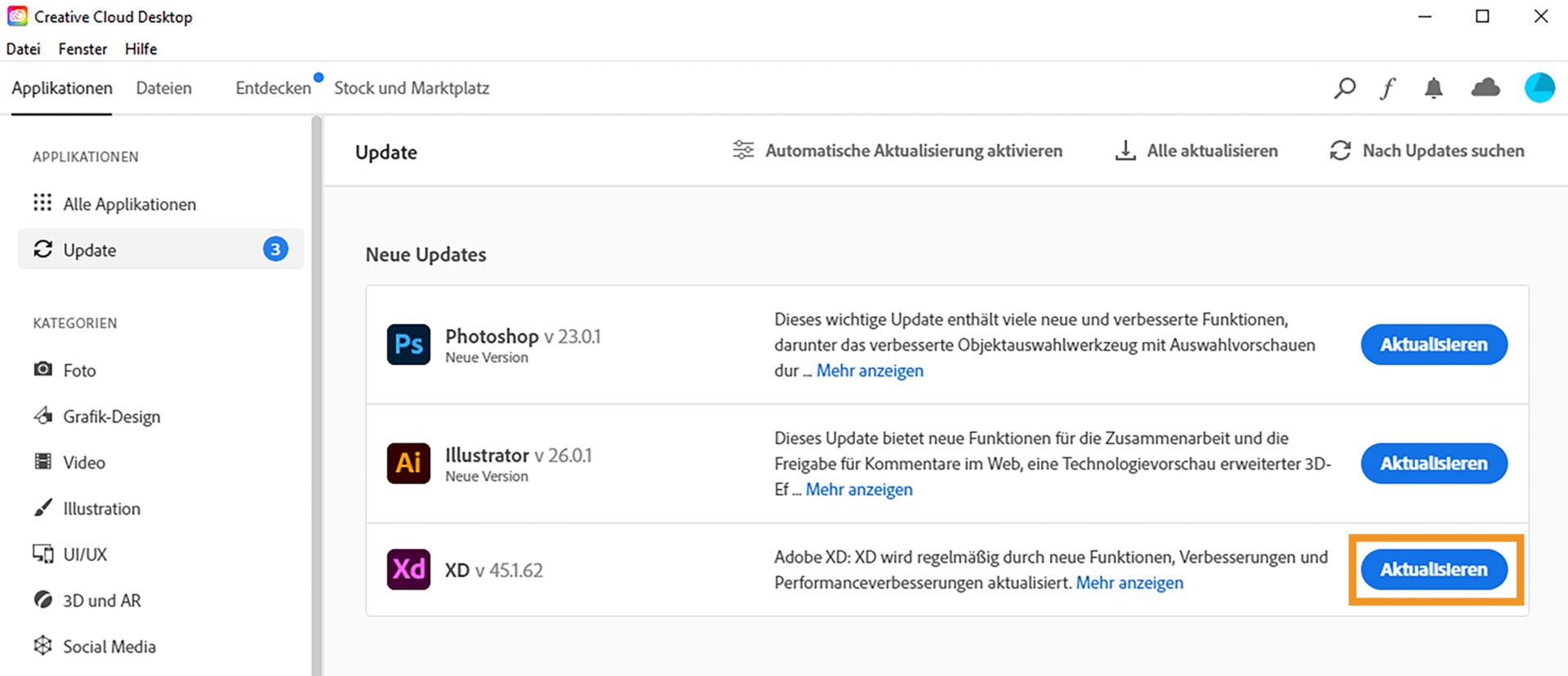 Aktualisieren Sie XD.