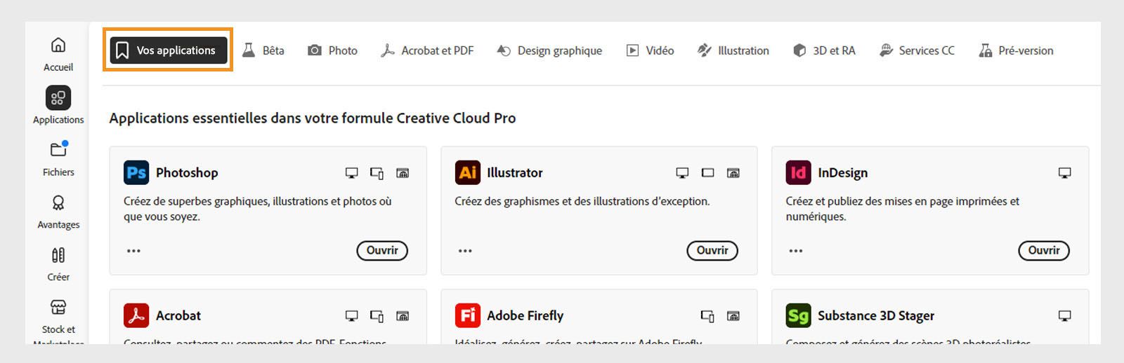 Sélectionner Vos applications pour afficher toutes les applications installées sur votre machine