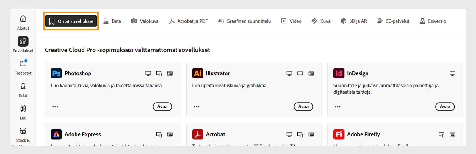 Valitse Omat sovellukset ja näet kaikki koneellesi asennetut sovellukset