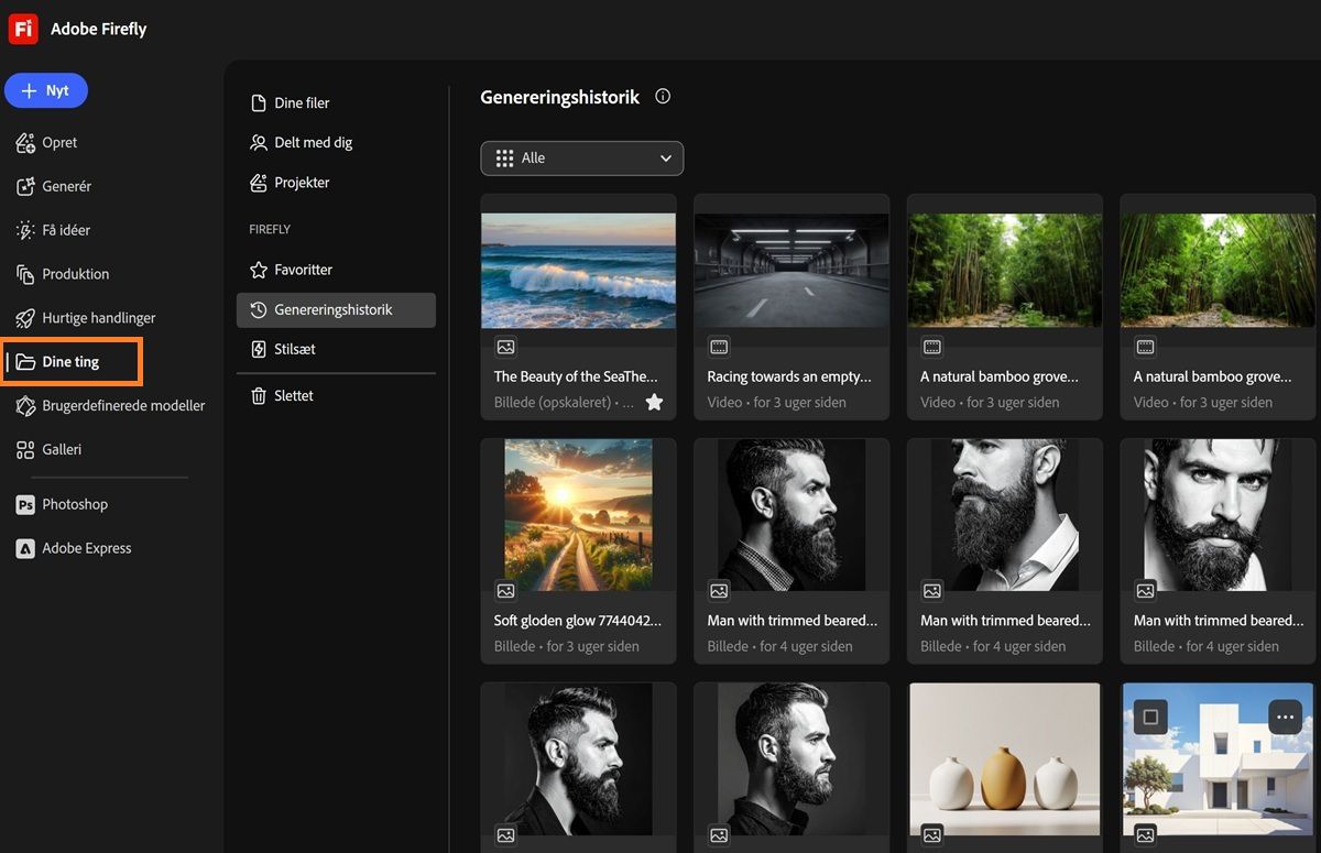 Firefly-siden Dine ting viser faner som Dine filer, Delt med dig, Projekter, Foretrukne, Stilsæt og Slettet