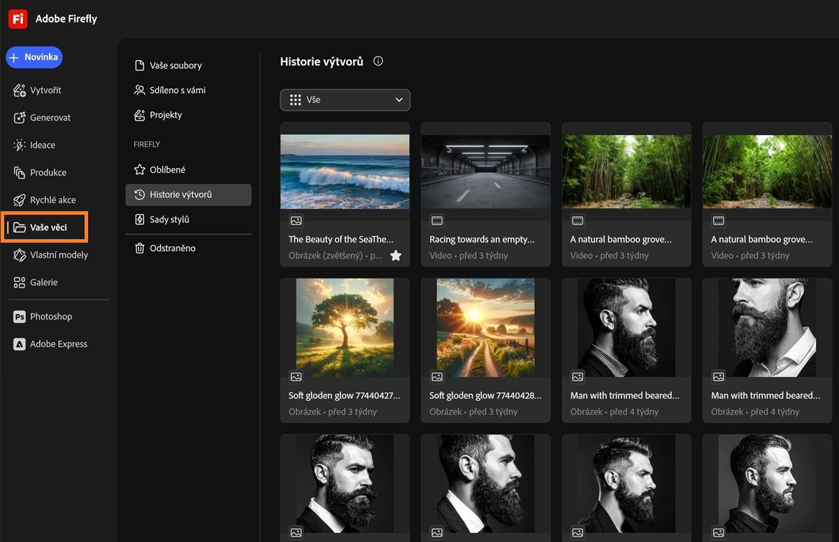 Stránka Vaše věci ve Firefly zobrazuje karty jako Vaše soubory, Sdíleno s vámi, Projekty, Oblíbené, Stylové sady a Smazané