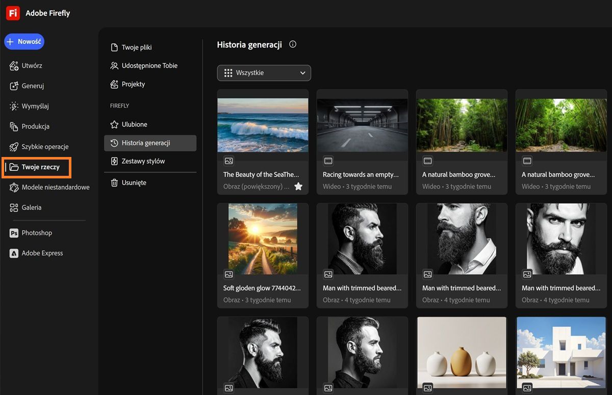 Strona Twoje materiały w programie Firefly wyświetla karty takie jak Twoje pliki, Udostępnione Tobie, Projekty, Ulubione, Zestawy stylów i Usunięte.