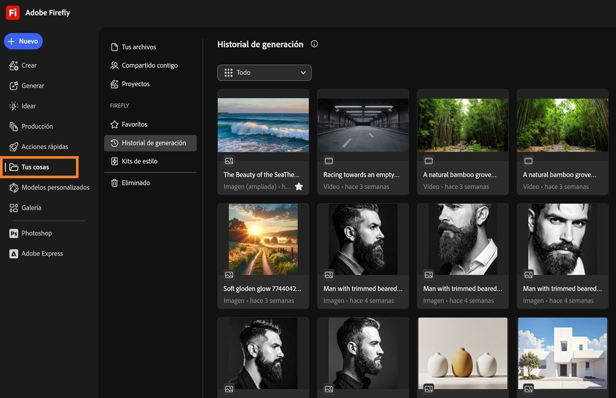 La página Tus cosas de Firefly muestra pestañas como Tus archivos, Compartido contigo, Proyectos, Favoritos, Kits de estilo y Eliminados