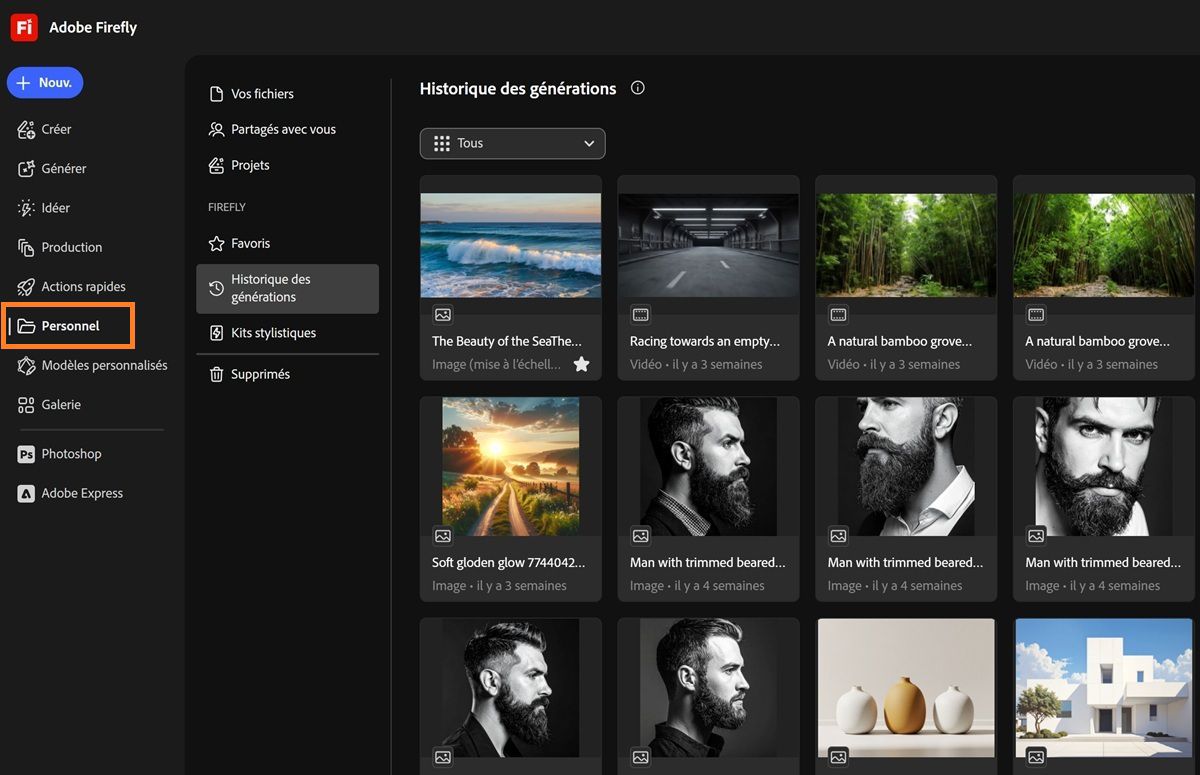 La page Personnel de Firefly affiche des onglets comme Vos fichiers, Partagés avec vous, Projets, Favoris, Kits stylistiques et Supprimés.