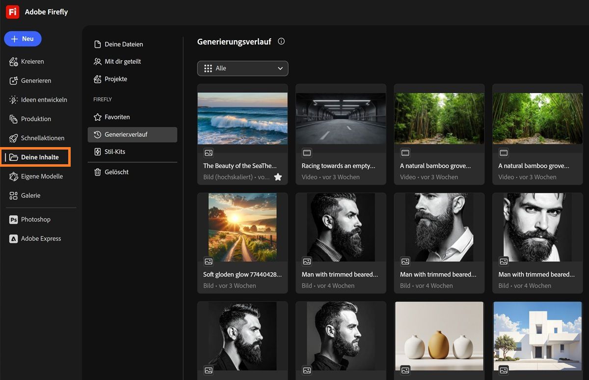 Die Seite „Deine Inhalte&quot; in Firefly zeigt Registerkarten wie „Deine Dateien&quot;, „Für dich freigegeben&quot;, „Projekte&quot;, „Favoriten&quot;, „Style-Kits&quot; und „Gelöscht&quot; an