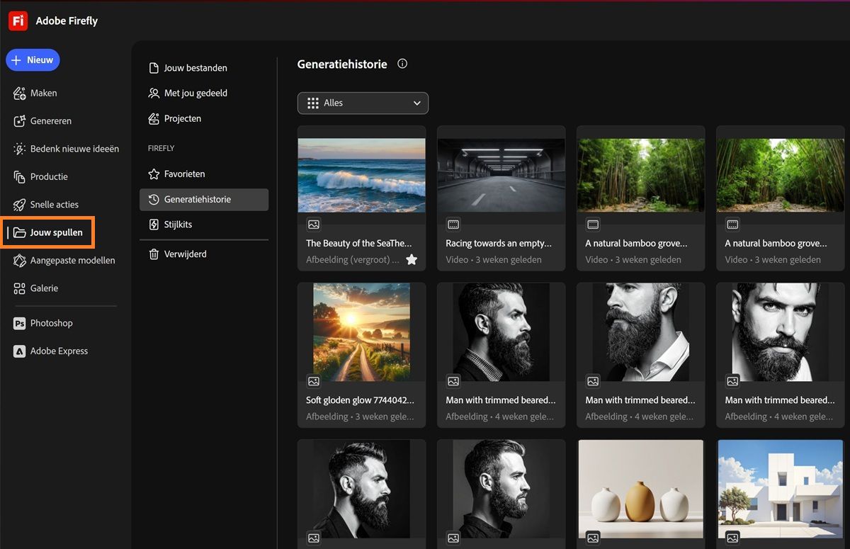 De pagina Jouw materiaal van Firefly toont tabbladen zoals Jouw bestanden, Met jou gedeeld, Projecten, Favorieten, Stijlkits en Verwijderd