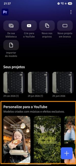 Categoria YouTube Shorts selecionada entre Estilo de vida, Beleza e Viagem, com um botão "Usar este modelo" abaixo.
