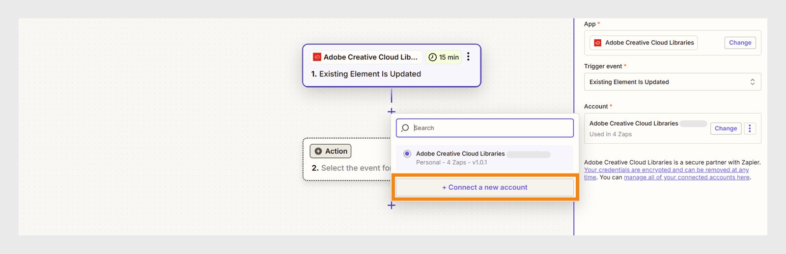 Select the Trigger button or dialog box in the center panel. Then, in the right panel, navigate to Setup > Account. Select the Account dropdown, and choose the blue “Connect a new account” button from the menu.