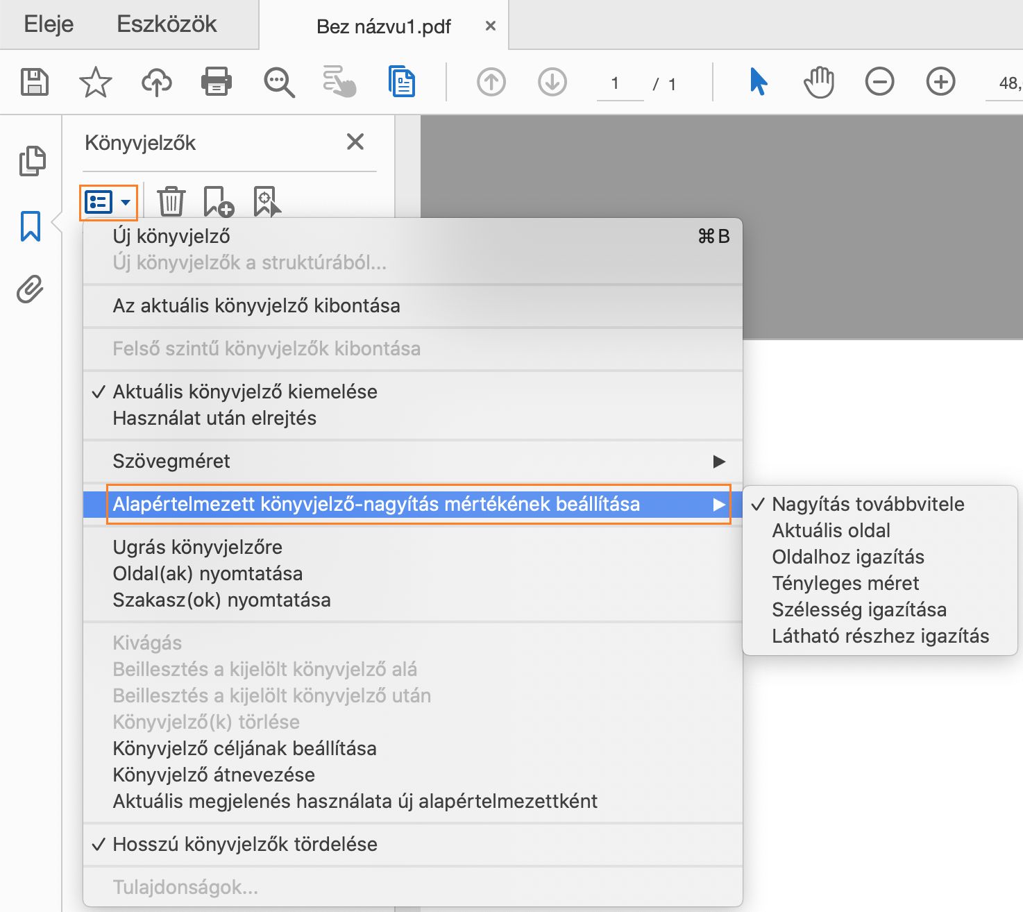 Alapértelmezett könyvjelző-nagyítás mértékének beállítása
