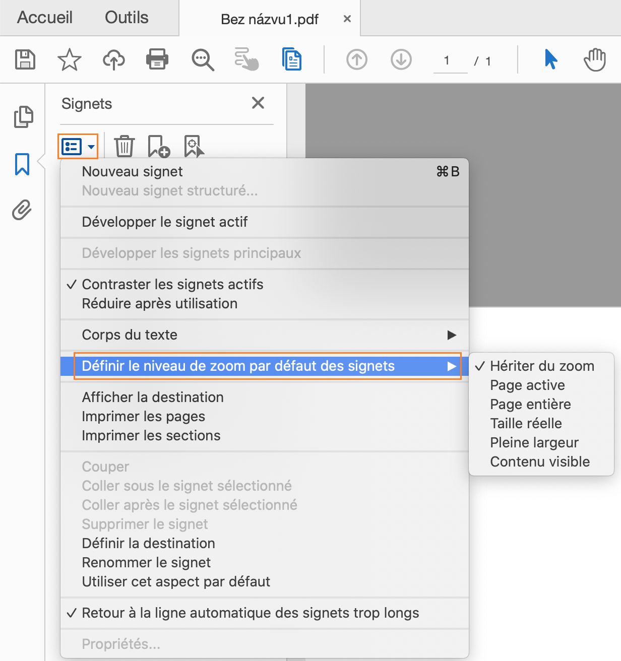 Définition du niveau de zoom par défaut des signets