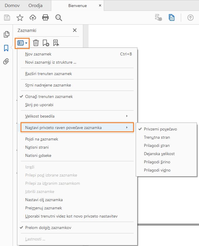 Nastavi privzeto raven povečave zaznamka