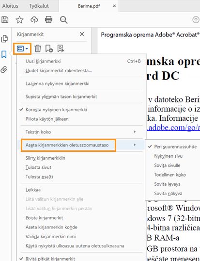 Aseta kirjanmerkkien oletusarvoinen zoomaustaso