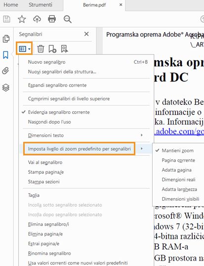 Imposta livello di zoom predefinito per segnalibri