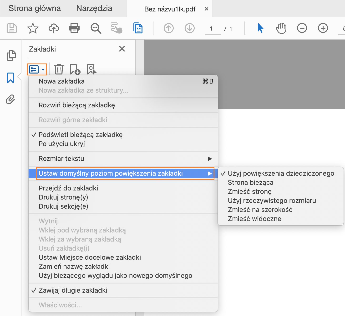 Ustaw domyślny poziom powiększenia zakładki