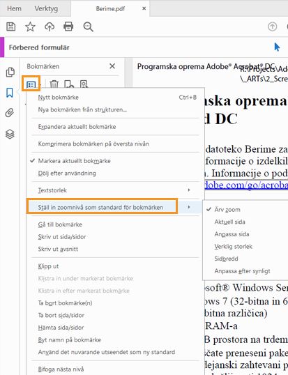 Ange standardzoomnivå för bokmärken
