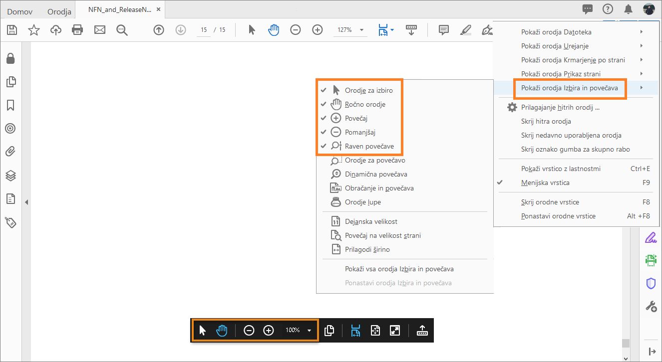  Pokaži/skrij orodja prikaznega zaslona