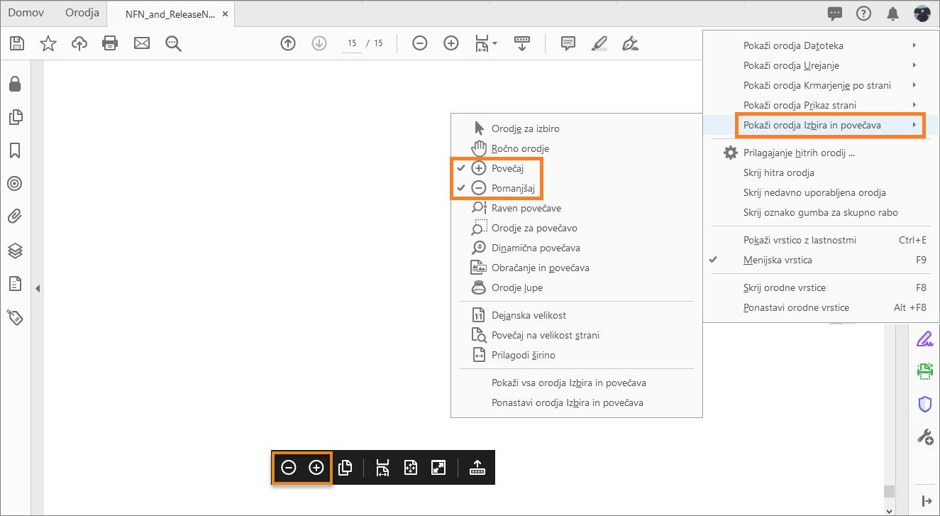  Pokaži/skrij orodja prikaznega zaslona